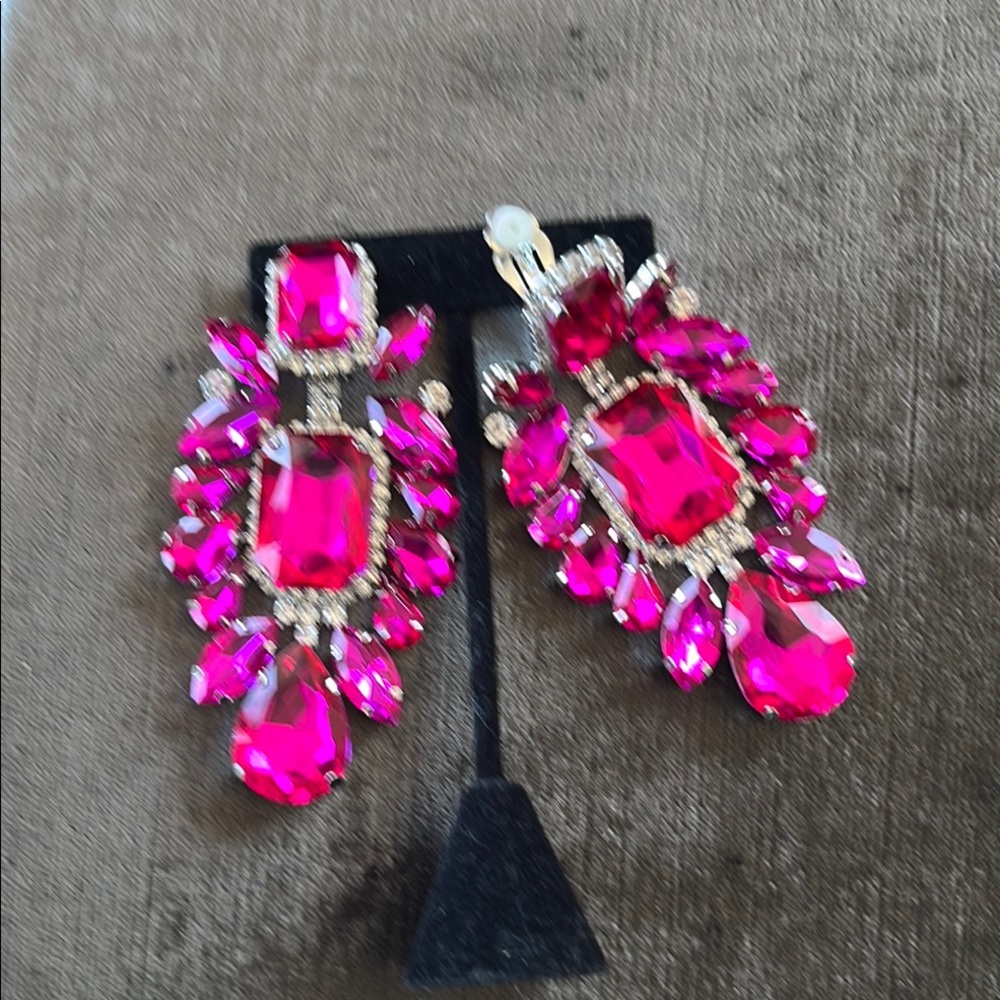 Elegant Clip-On Pink Crystal Drop Earrings